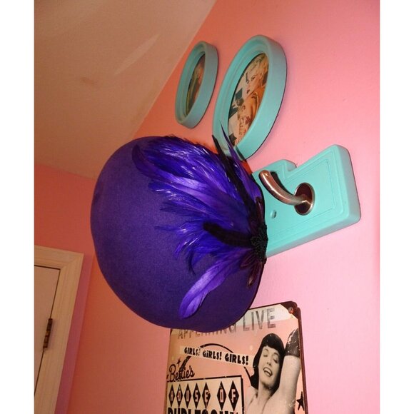 Vintage Mr. Charles Purple Wool Bucket Hat w/ Feathers church hat Kentucky Derby - Picture 10 of 11